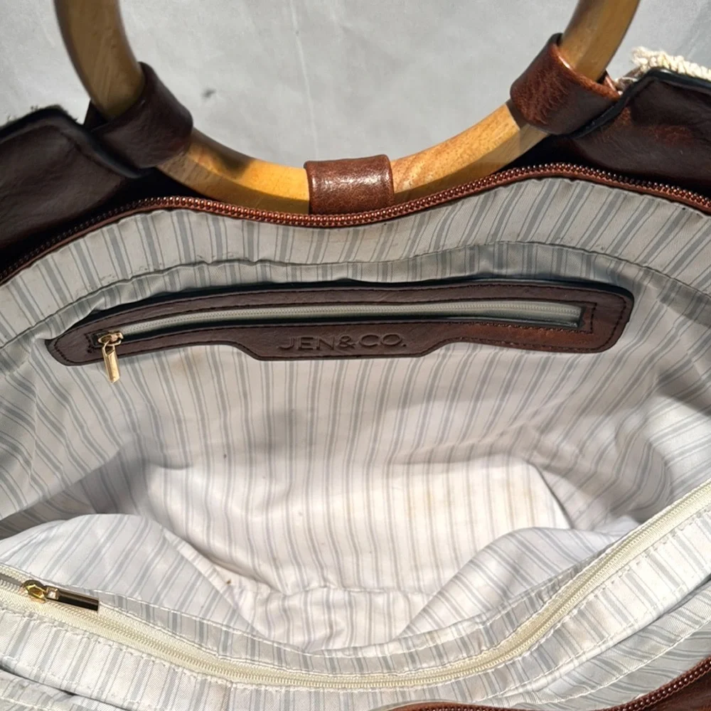 Brown and Cream Tote with Wooden Handles and Leather Strap